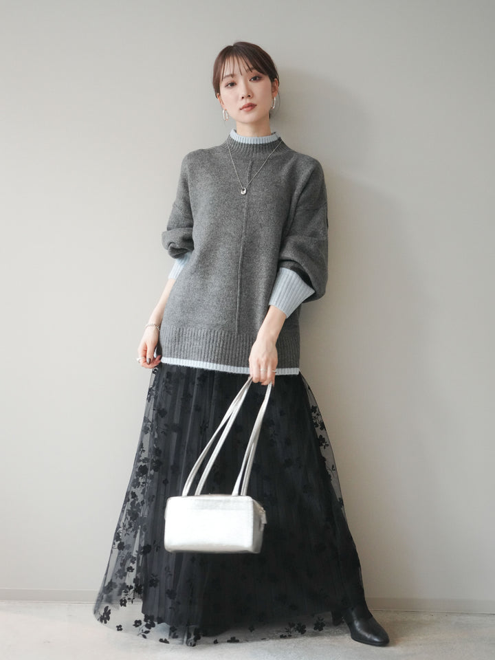 [SET]配色ハイネックニットプルオーバー+フラワーフロッキーチュールプリーツスカート(2set)