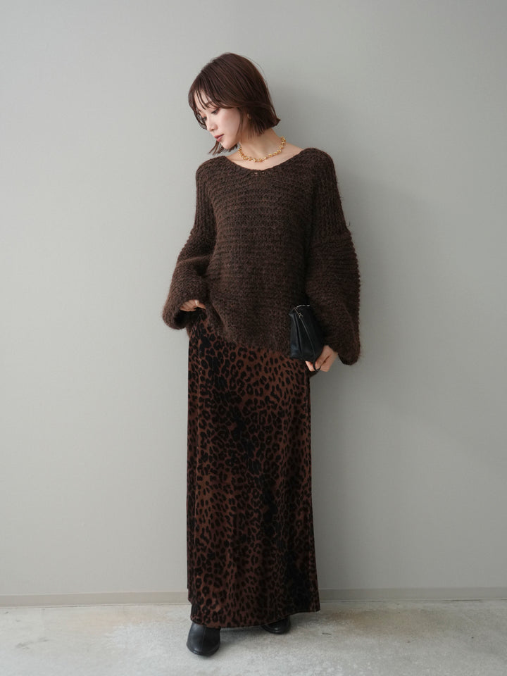 [SET]ワッフル編みシャギーニットプルオーバー+レオパードベロアナロースカート(2set)