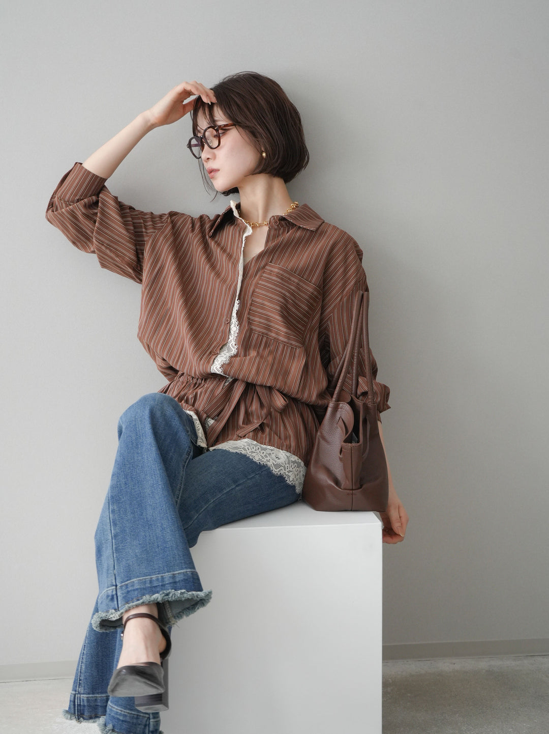 [SET]レース付ストライプウエストギャザーシャツ+フリンジデザインセミフレアデニム(2set)