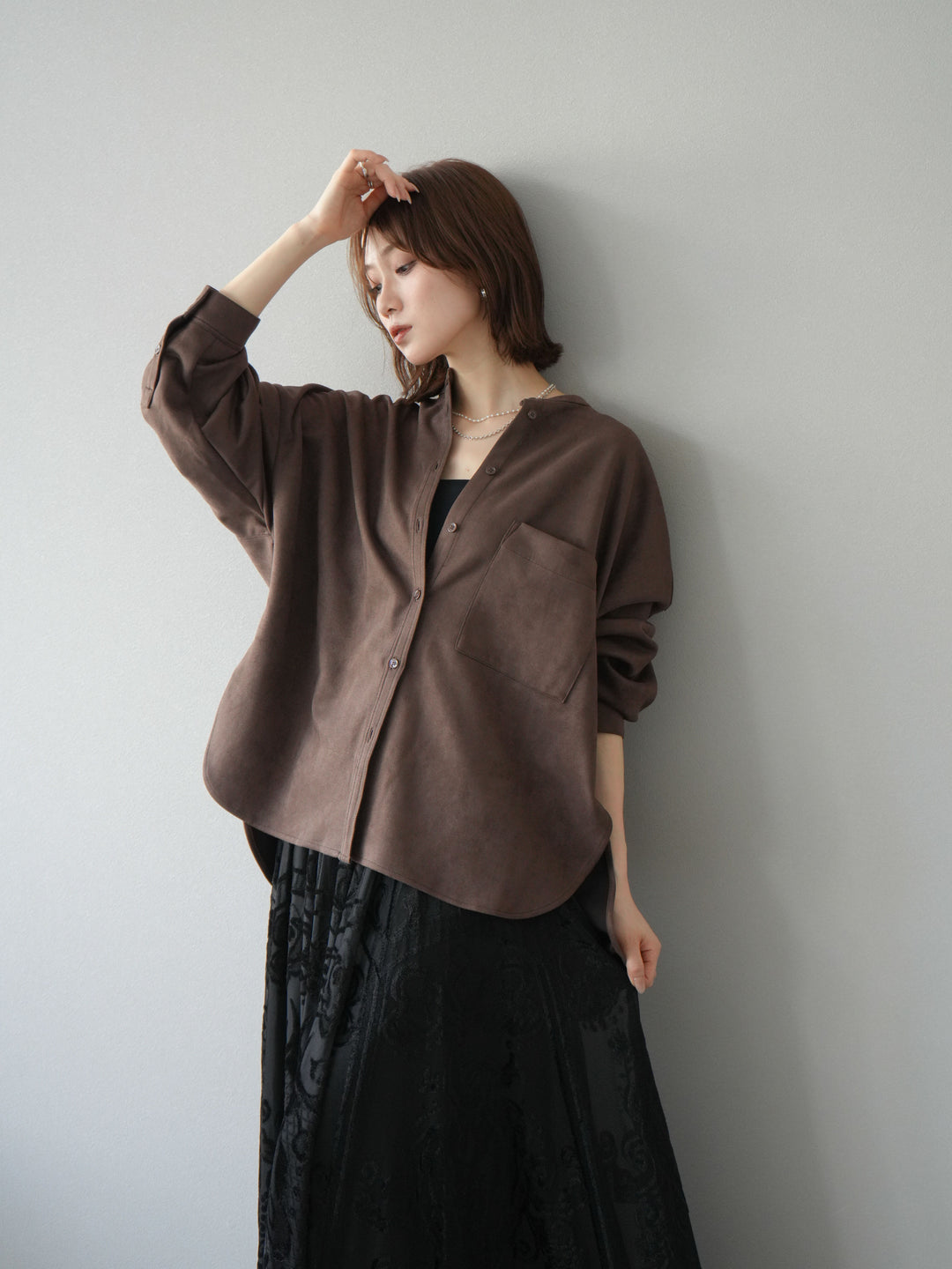 [予約]スエードバンドカラーオーバーシャツ/ダークブラウン