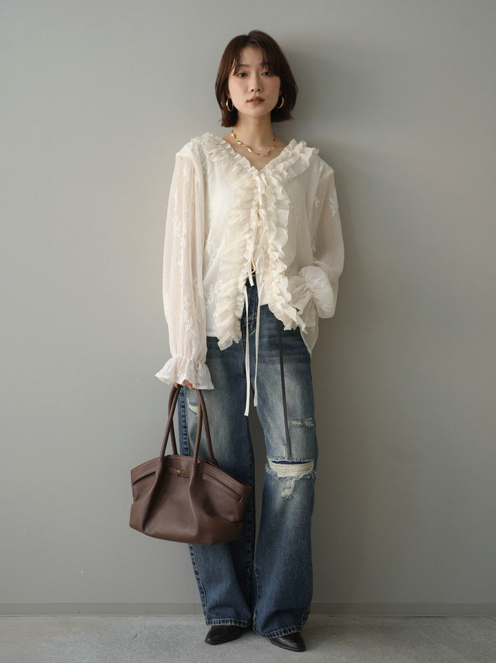 [予約]ダメージデニムセミワイドパンツ/blue