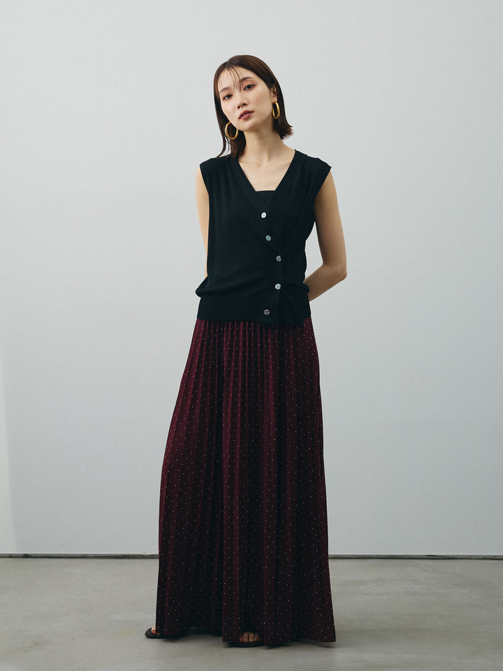 [SET] 清涼觸感2WAY設計針織背心+水鑽百褶裙（2件組）