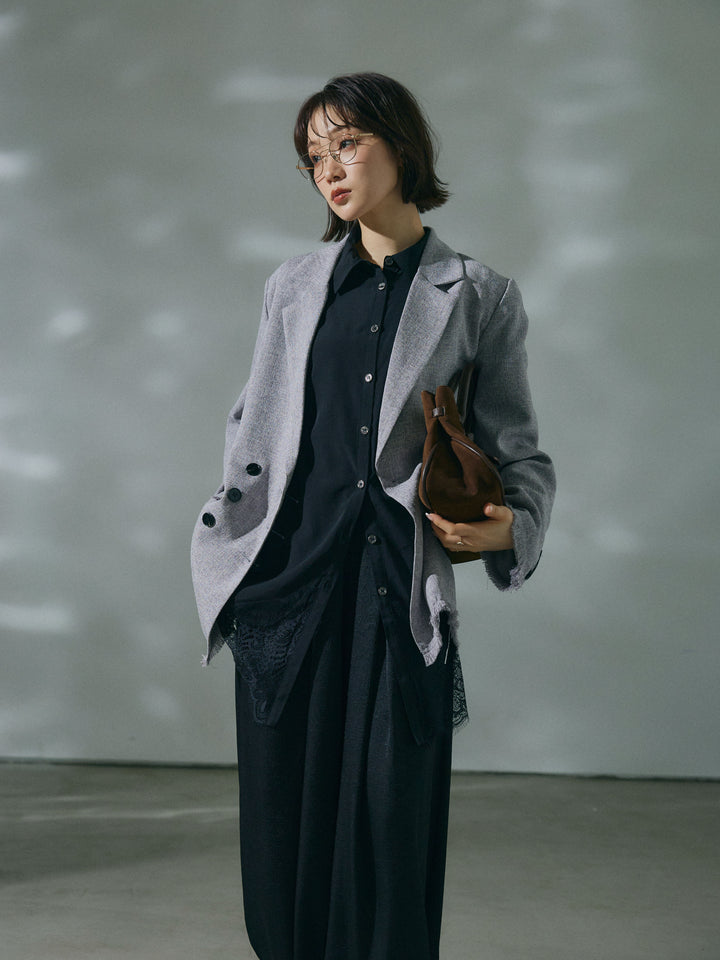 【Allure】[SET]スラブツイードフリンジテーラージャケット+ワッシャーサテンタックジョガーパンツ(2set)