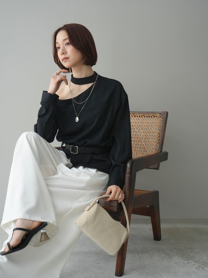 [SET]ベルト付ワンショルダースリットブラウス+編み込みベルト付タックワイドパンツ(2set)