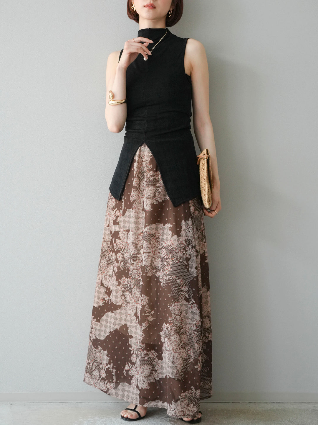 [予約]フラワーパターンフレアスカート/ブラウン
