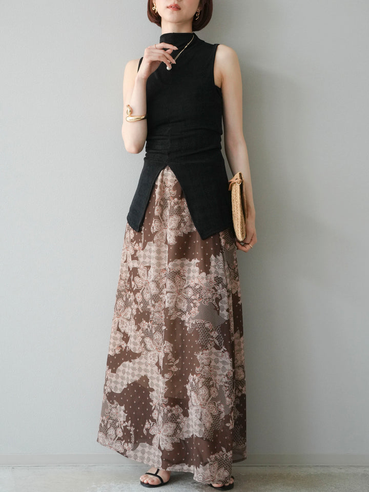 [予約]フラワーパターンフレアスカート/ブラウン