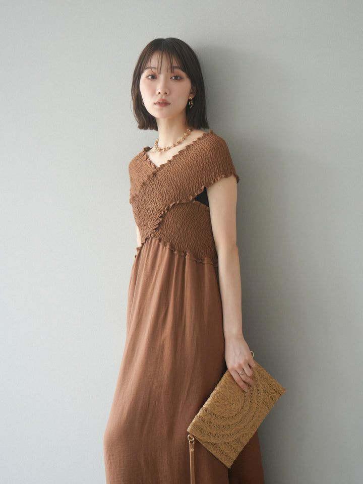 [予約]シャーリングクロスワンピース/ブラウン