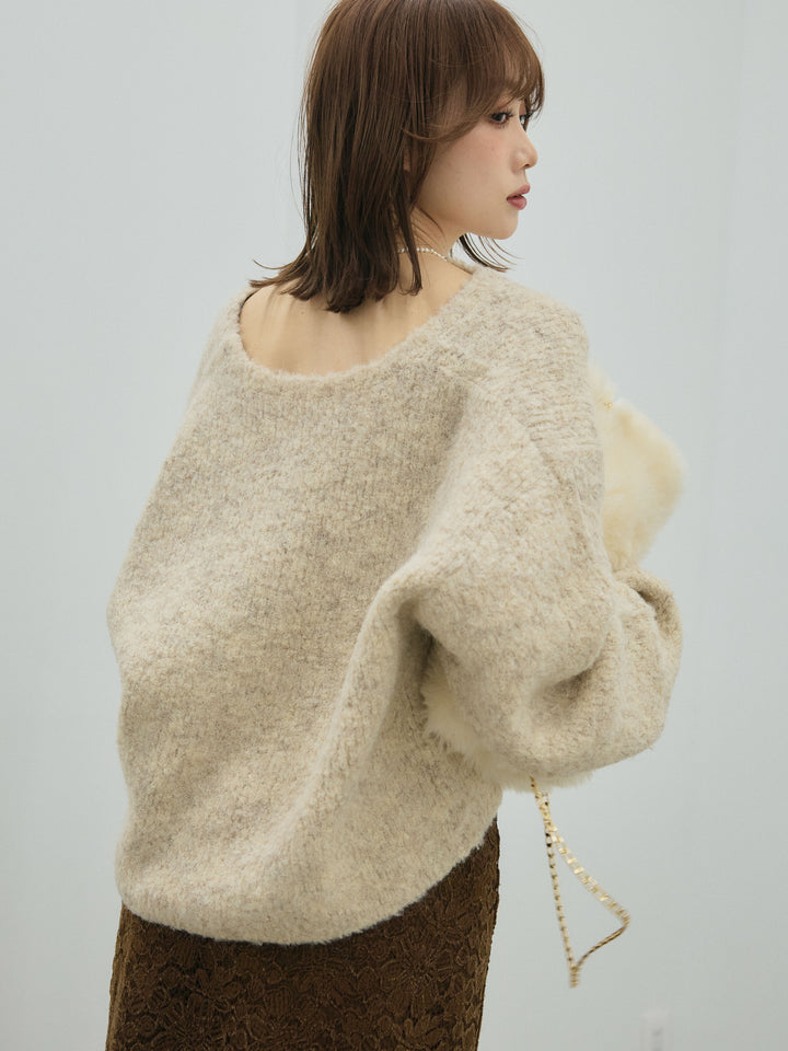 【Allure】[SET]ブークレニットカーディガン+起毛レースストレッチナロースカート(2set)