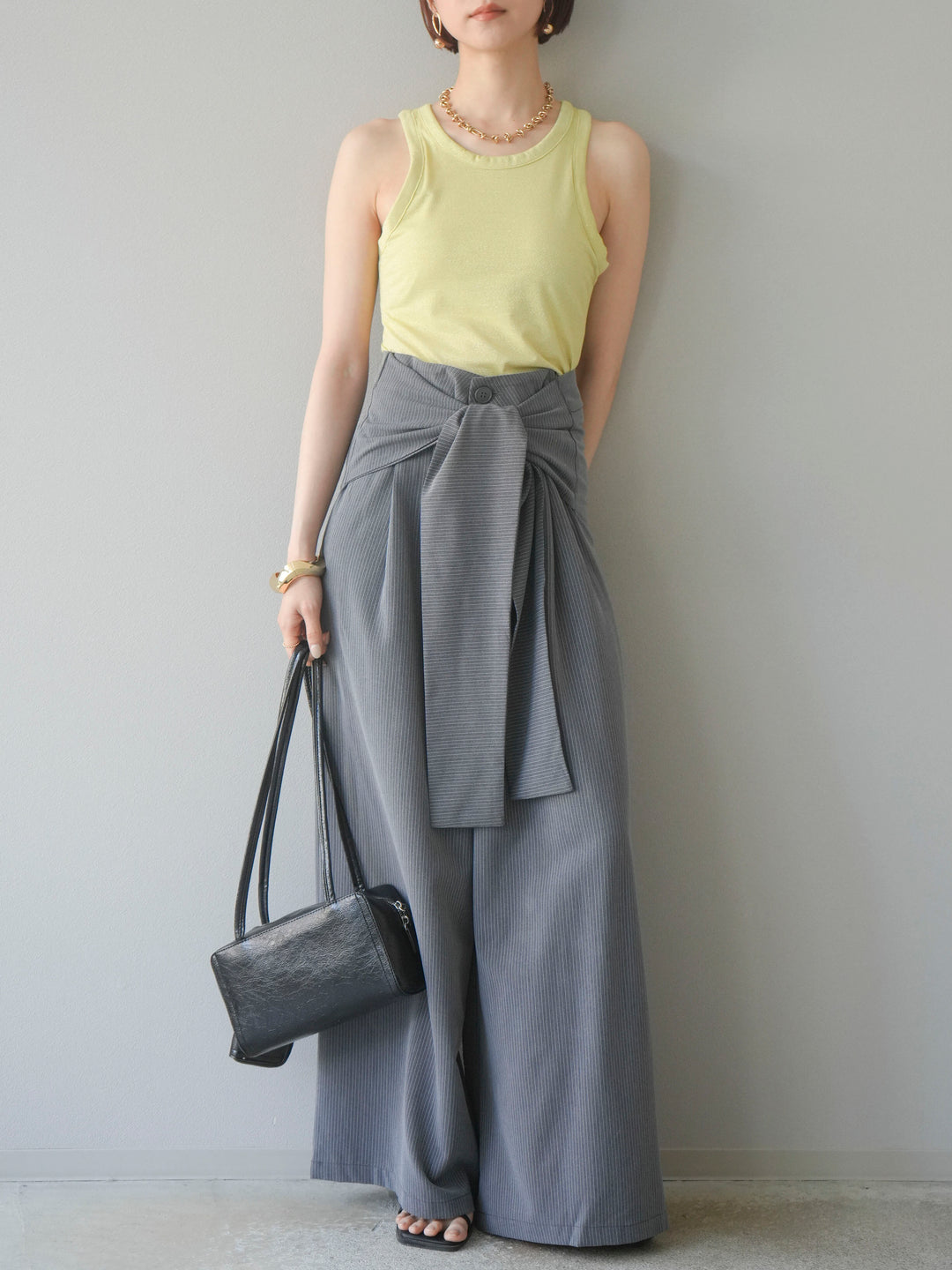 【預購】條紋裹腰寬褲/灰色