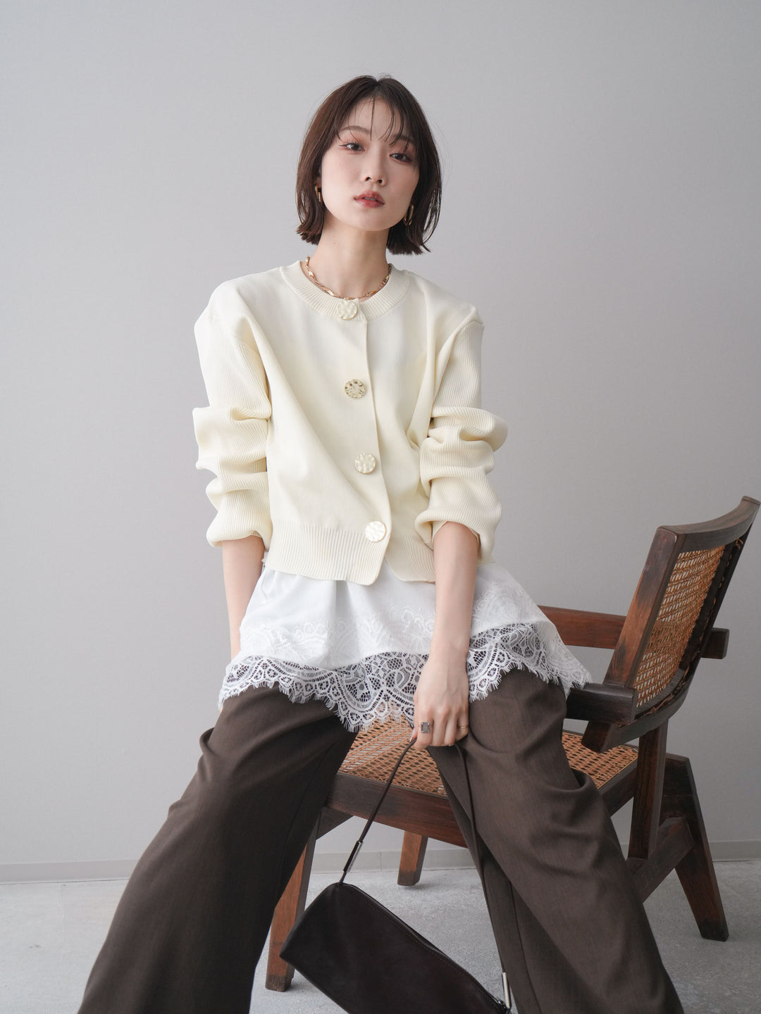 [SET]メタルボタンクルーネックニットカーディガン+選べるアクセセット(2set)