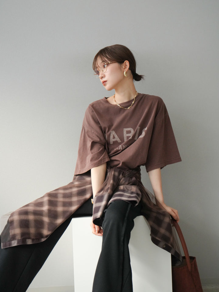 [SET]ピグメントロゴプリントTシャツ+2WAYデザインスウェットパンツ+チュールドッキングチェック柄オーバーサイズシャツ(3set)