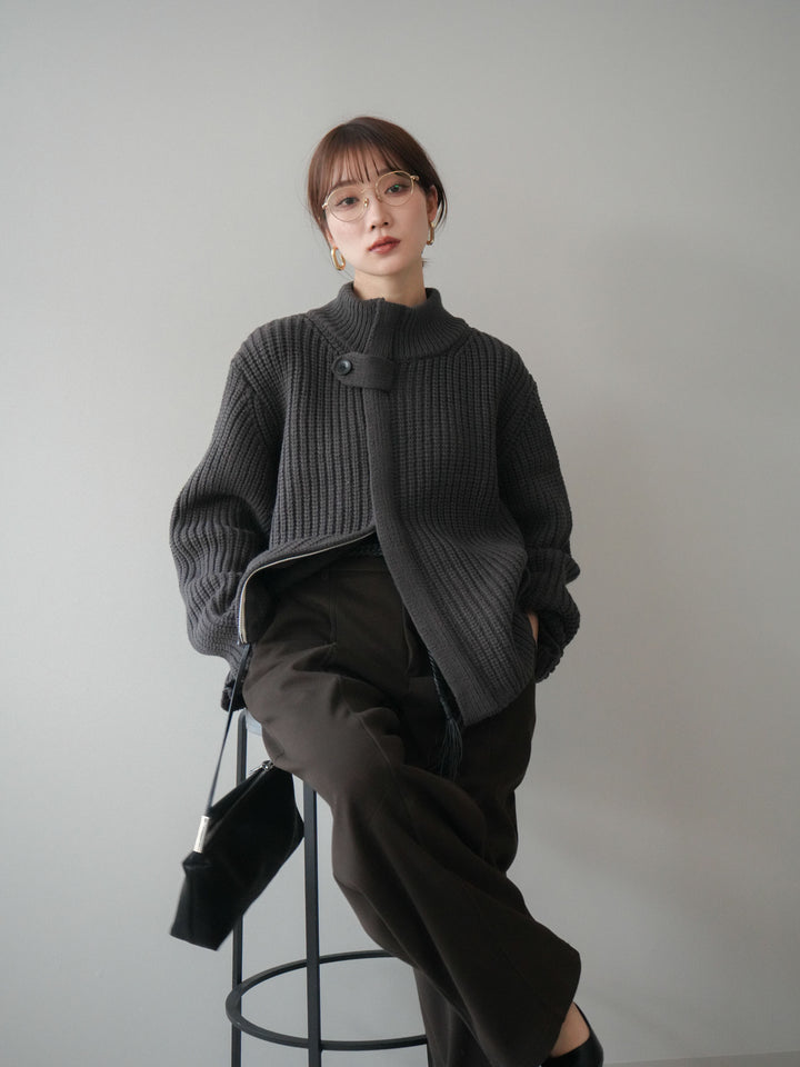[SET]畦編みボトルネックZIPニットカーディガン+畦編みボトルネックZIPニットカーディガン(2set)