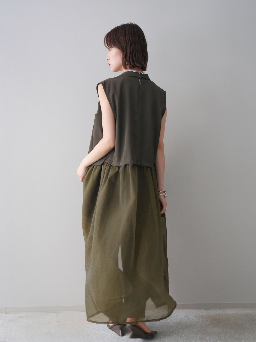 [SET]シアーレイヤードテーラードロングジレ+レーストリムキャミソール+2WAYデザインスウェットパンツ(3set)