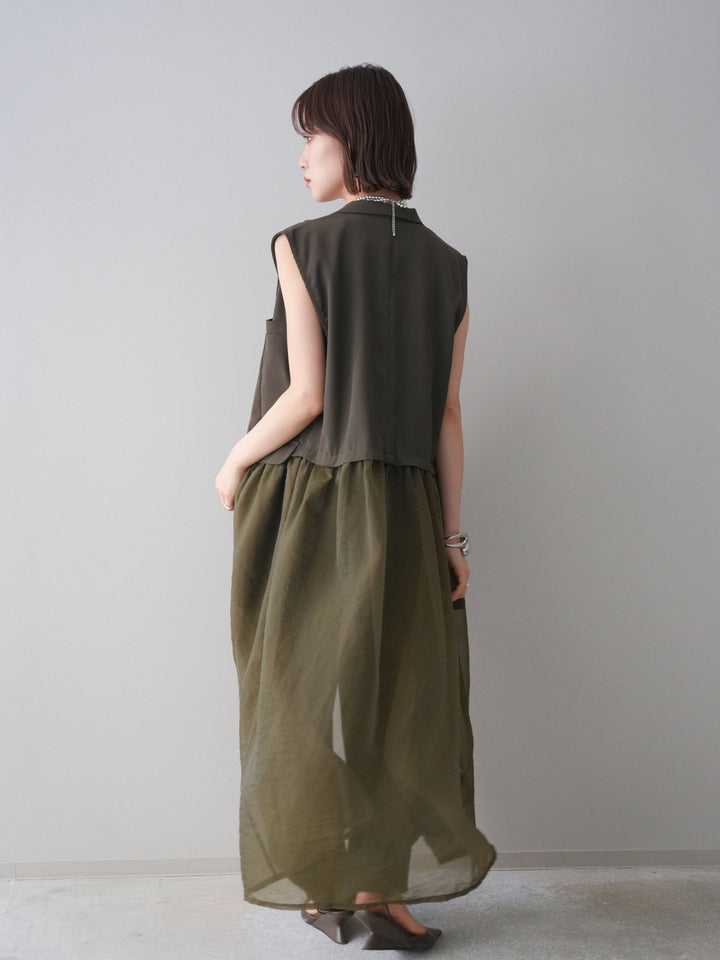 [SET]シアーレイヤードテーラードロングジレ+レーストリムキャミソール+2WAYデザインスウェットパンツ(3set)