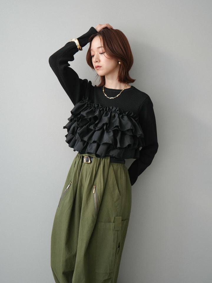 [SET]フリルビスチェドッキングスポンジニットプルオーバー+コットンタックループパンツ(2set)