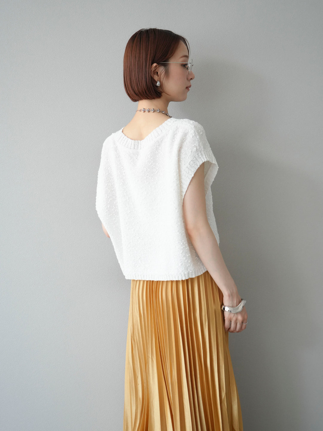 [SET]ネップヤーンクロップドニットベスト+サテンプリーツマキシスカート(2set)