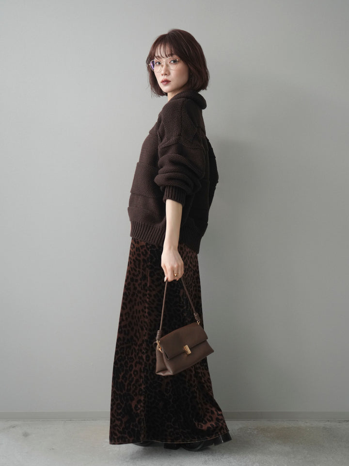 [SET]襟付きボーダー編みニットプルオーバー+レオパードベロアナロースカート(2set)