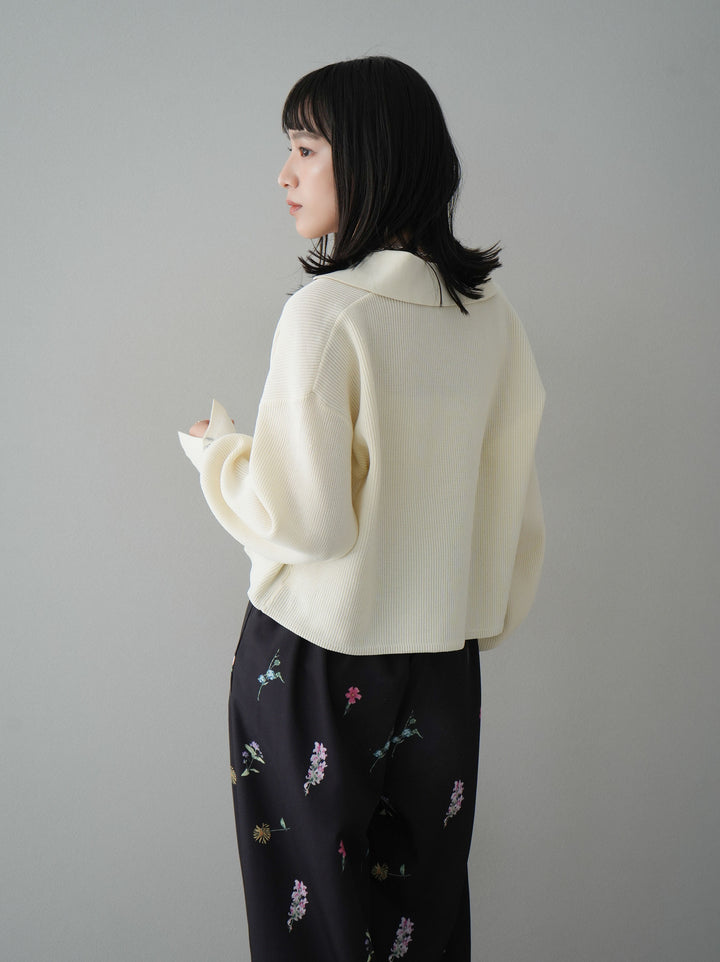 [SET]ボリュームスリーブポロニットカーディガン+フラワーアートプリントタックパンツ(2set)