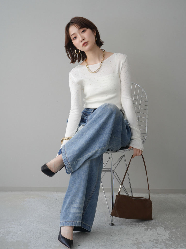 [SET]スパンコールシアーニットトップス+選べるアクセセット(2set)