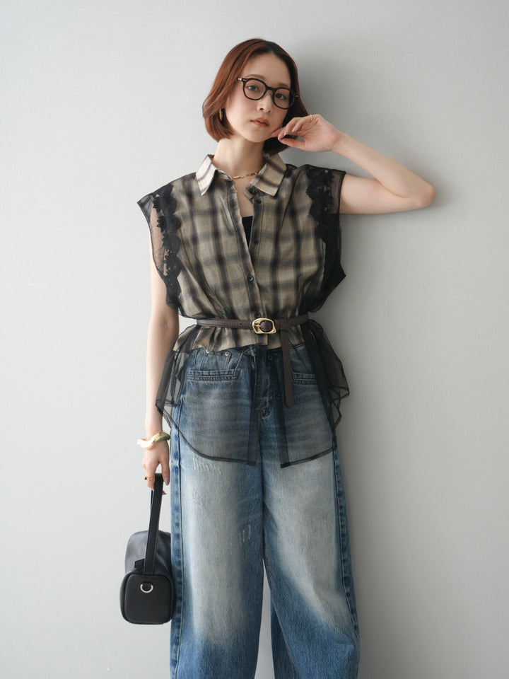 [予約]チュールドッキングチェックノースリブラウス/beige