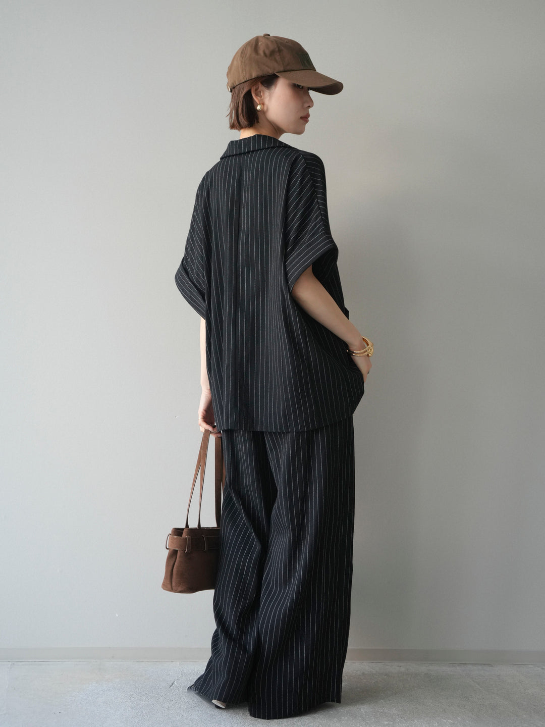 [SET]ストライプハーフスリーブオーバージャケット+ストライプリラックスワイドパンツ(2set)