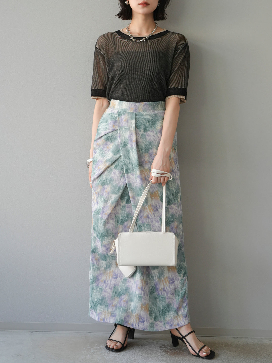 [SET]リネンタッチ配色二重臼ハーフニットトップス+選べるアソート柄スカートセット(2set)