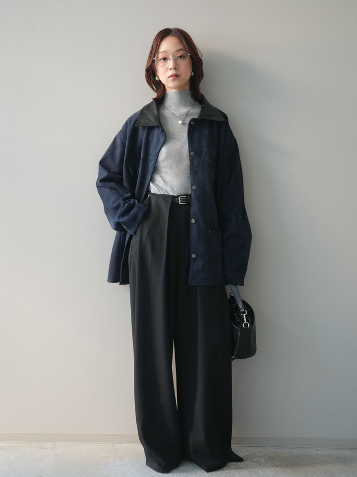 [SET]襟レザーステンカラースエードジャケット+袖ボタンボトルネックリブニットトップス+ベルトループデザインワイドパンツ(3set)