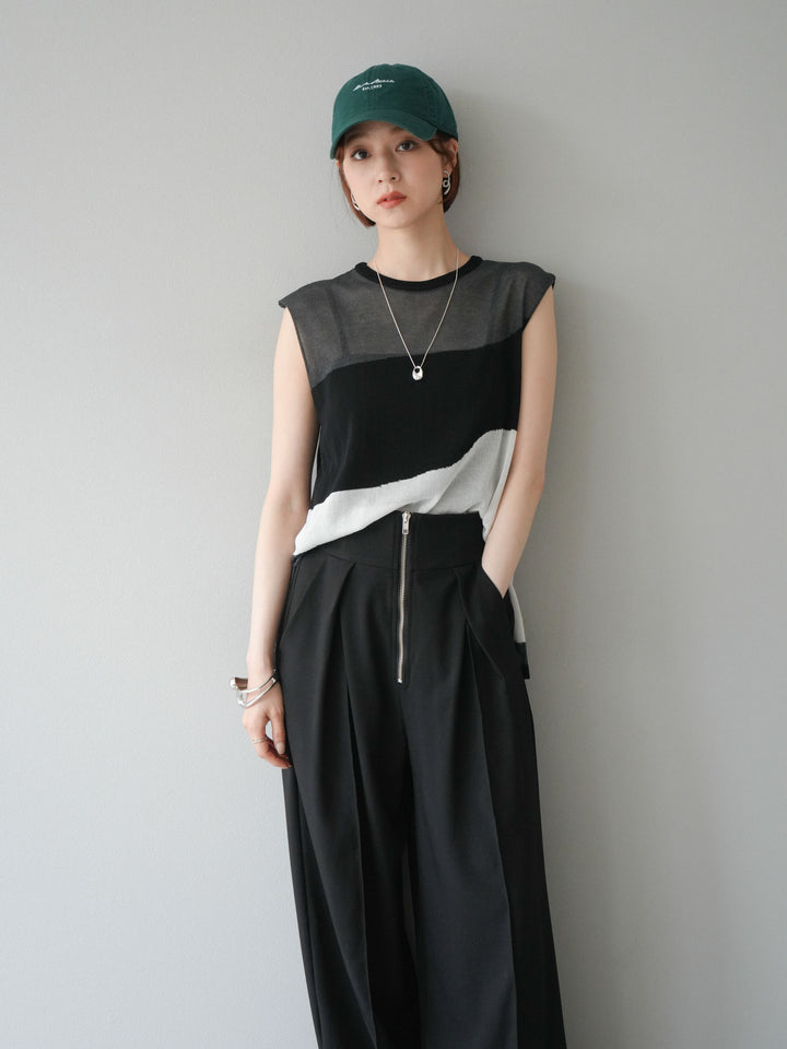 [SET]バイカラーシアーニットノースリーブ+ジップタックワイドパンツ(2set)