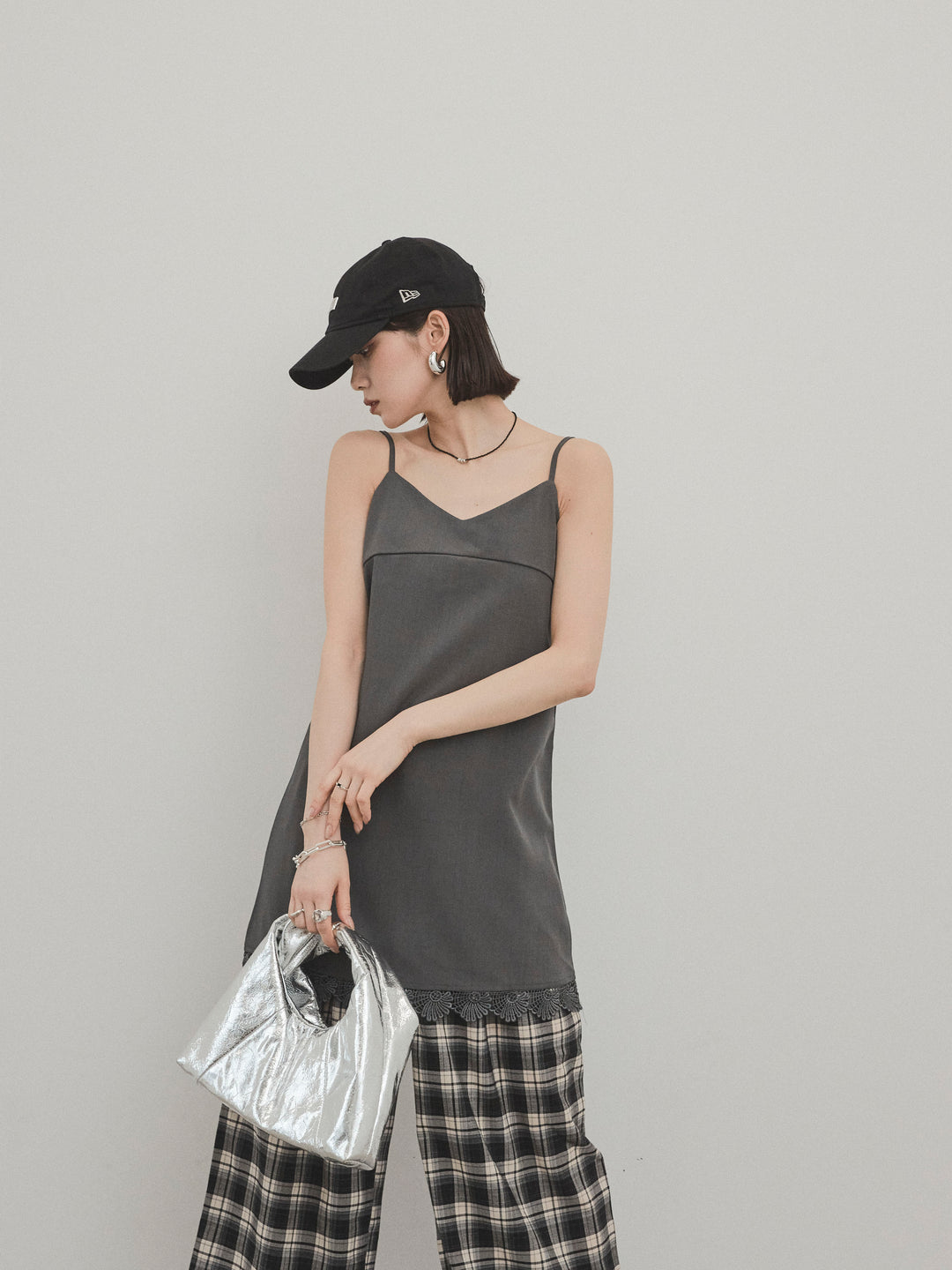 [予約]裾レース切替キャミミニワンピース/グレー