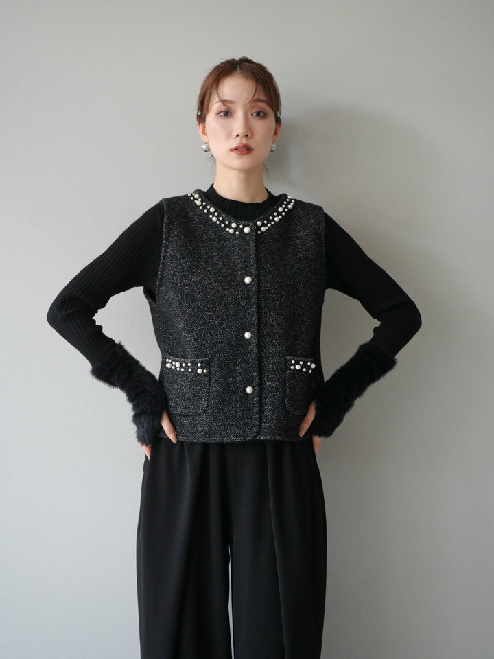 [予約]パールデザインツイードライクニットベスト/ブラック