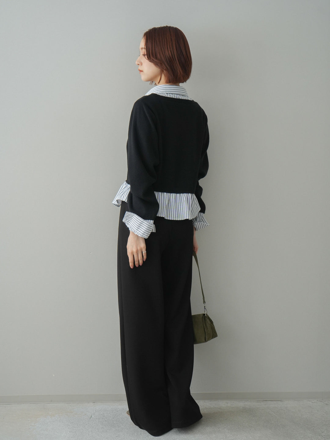 [SET]ストライプシャツUネックドッキングニットプルオーバー+イージーポンチワイドパンツ(2set)