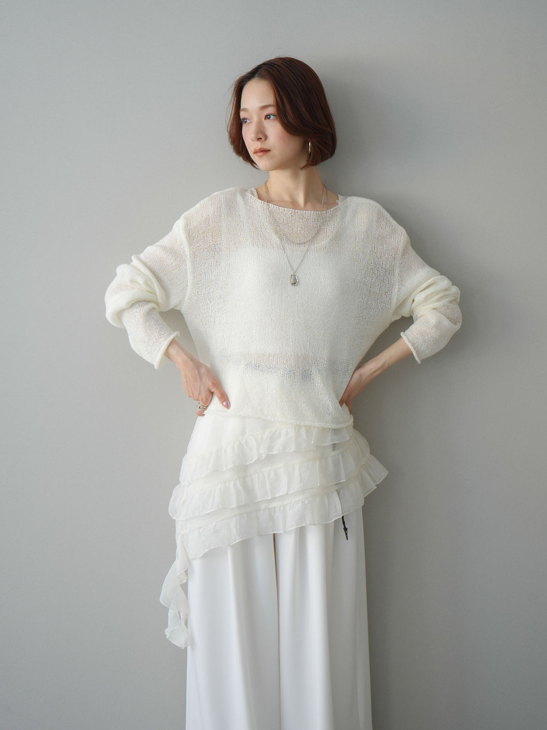 [予約]ラッフルオーガンジータンクトップ＆ニットアンサンブル/white