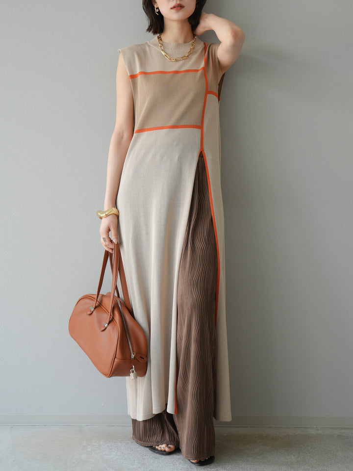 [予約]配色スリットニットワンピース/ベージュ