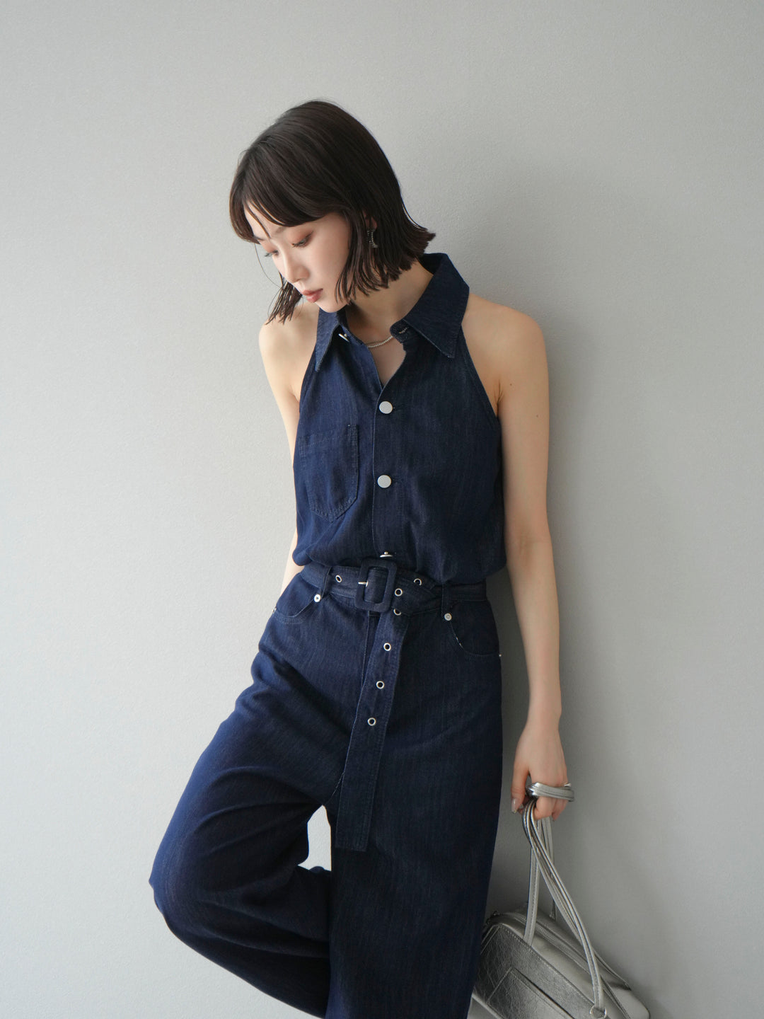 【預購】翻領牛仔連身衣/深藍色