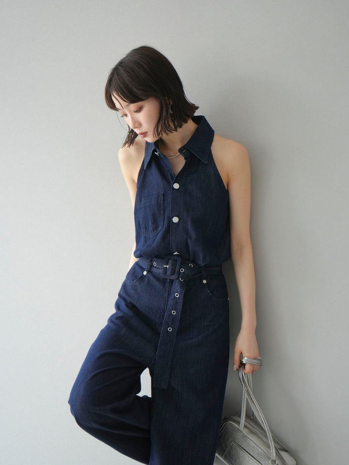 【預購】翻領牛仔連身衣/深藍色