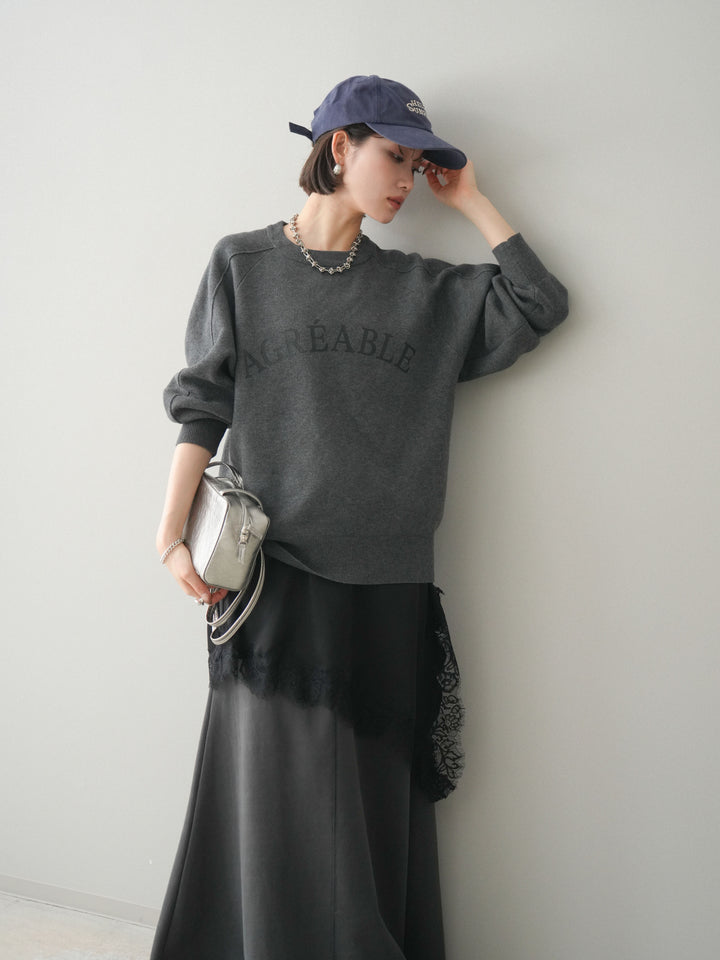 [予約]半ラバープリントロゴスウェットライクニットプルオーバー/mokucharcoal