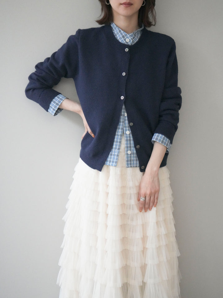 [予約]チェックシャツレイヤードデザインニットカーディガン/navy
