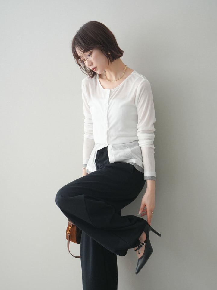 [予約]シアーリブバイカラーカーディガン/white