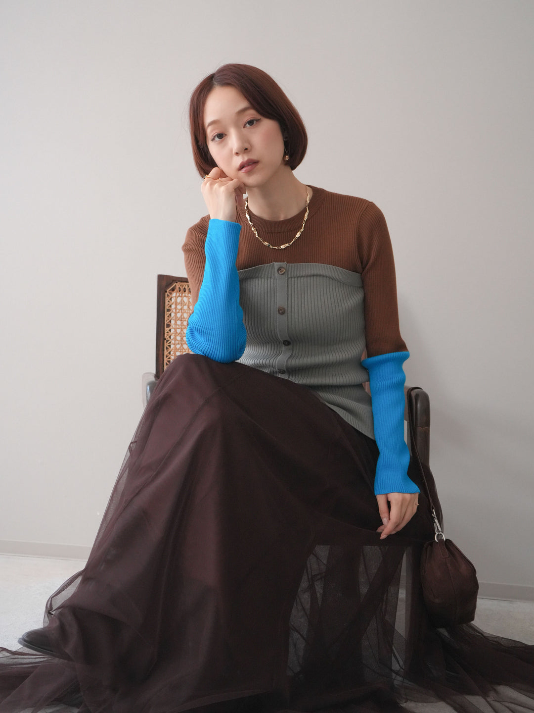 [SET]配色ビスチェドッキングリブニットトップス+選べるアクセセット(2set)