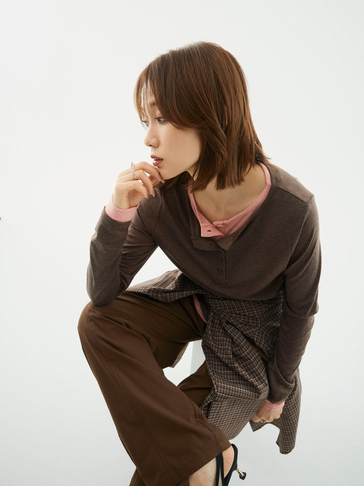 【Allure】[SET]配色レイヤードヘンリーネックトップス+タフタワイドカーブパンツ+チェックBIGカフスオーバーシャツ(3set)