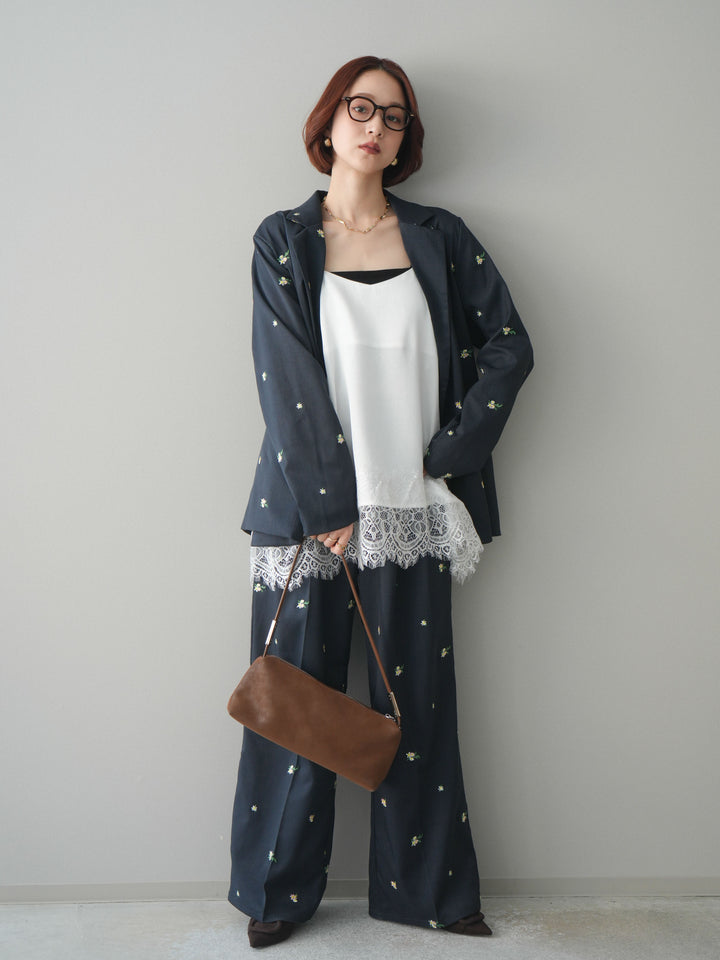 [予約]フラワー刺繍タックパンツ/navy