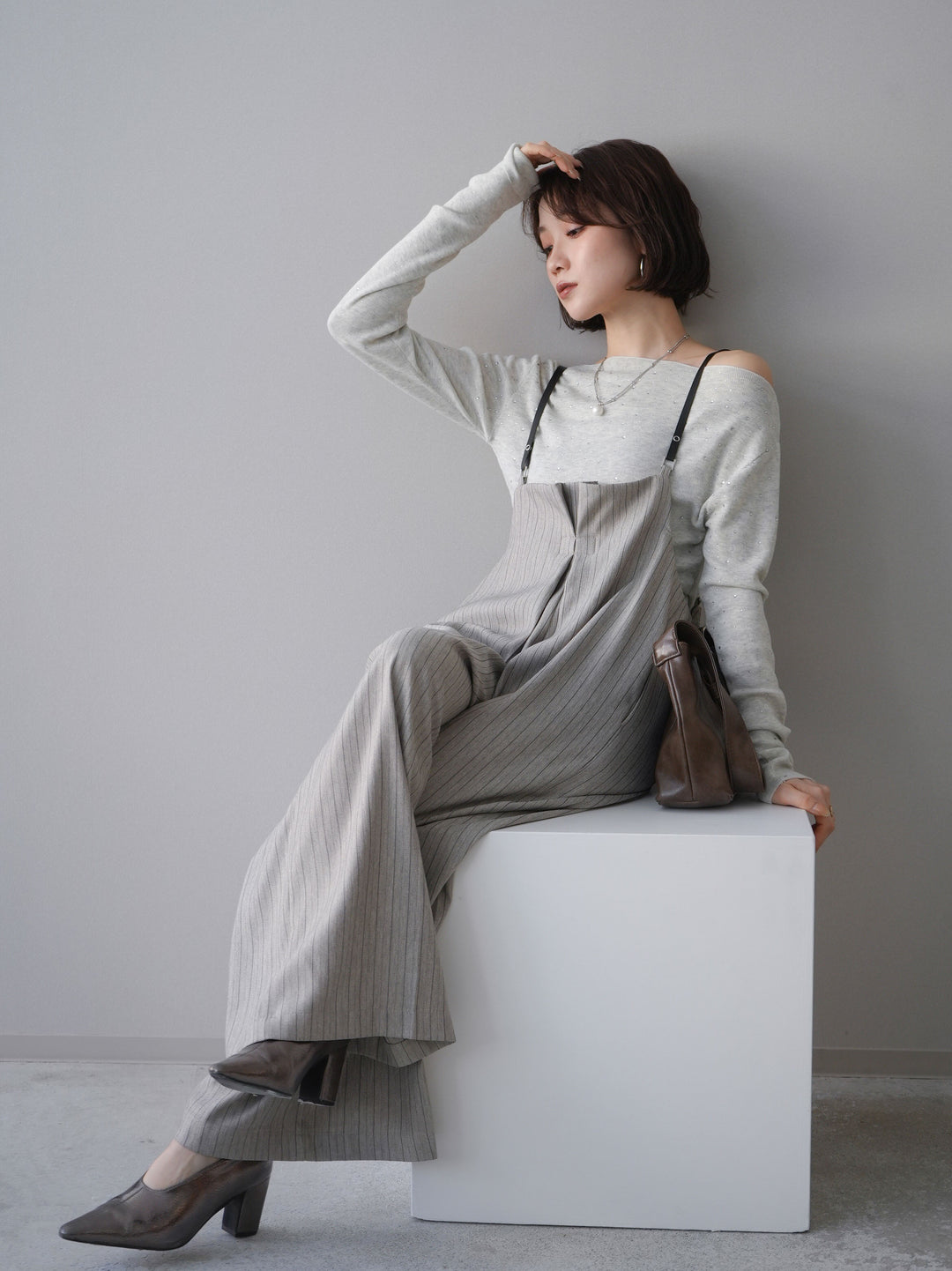 [SET]ヘリンボーンストライプサロペット+選べるアクセセット(2set)