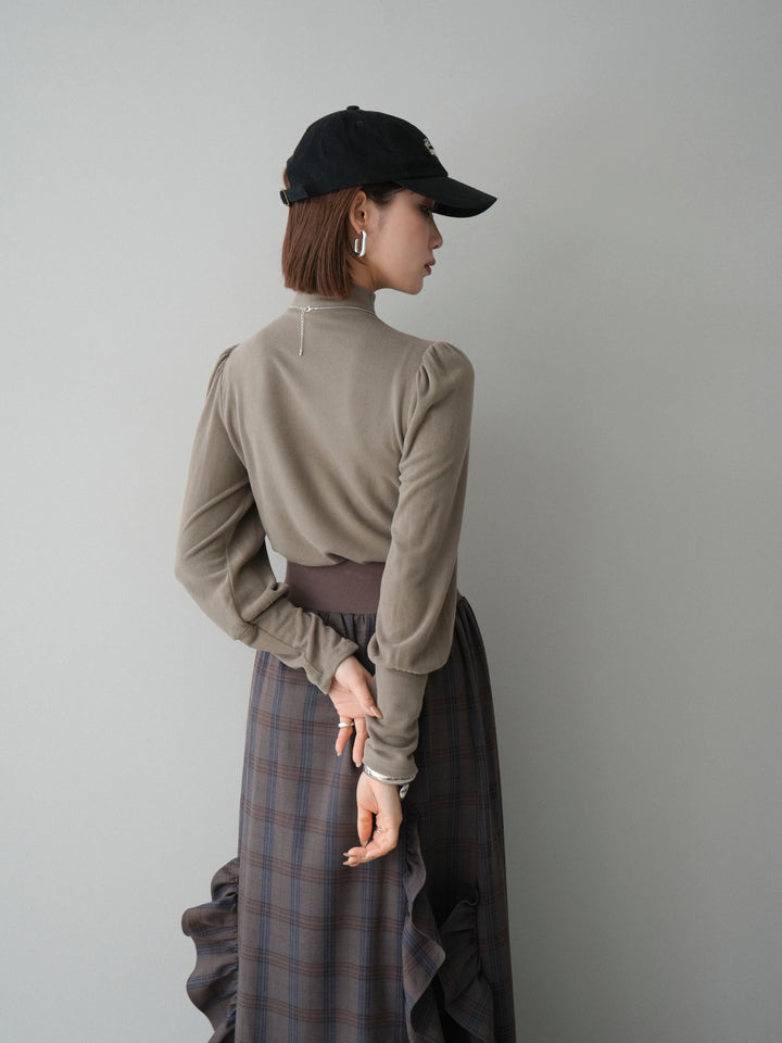 [SET]プチネックパワーショルダー起毛トップス+チェック柄フリルハイウエストマキシスカート(2set)