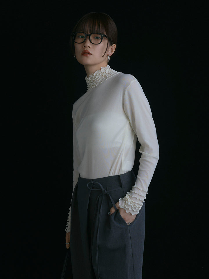 【Allure】[SET]シアーフリルメロートップス+ラップデザインタックワイドパンツ(2set)