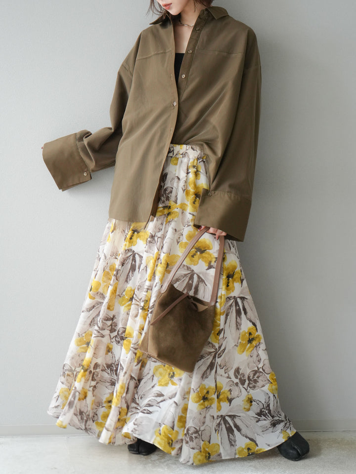 [予約]フラワープリントボリュームフレアスカート/イエロー