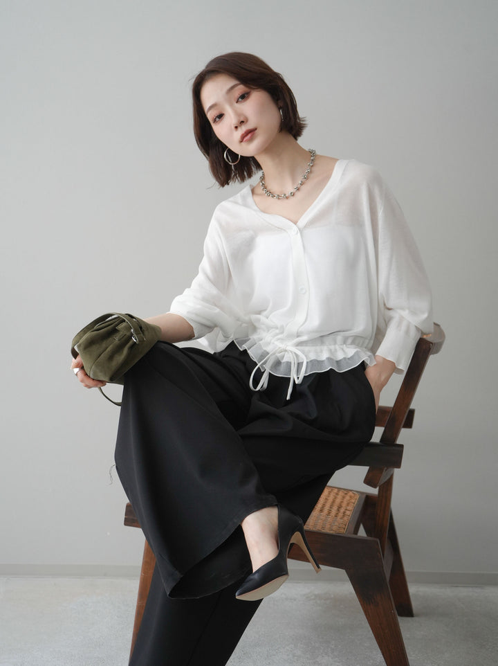 [SET]裾フリルラメシアーニットカーディガン+ダブルバックルベルト付ワイドパンツ(2set)