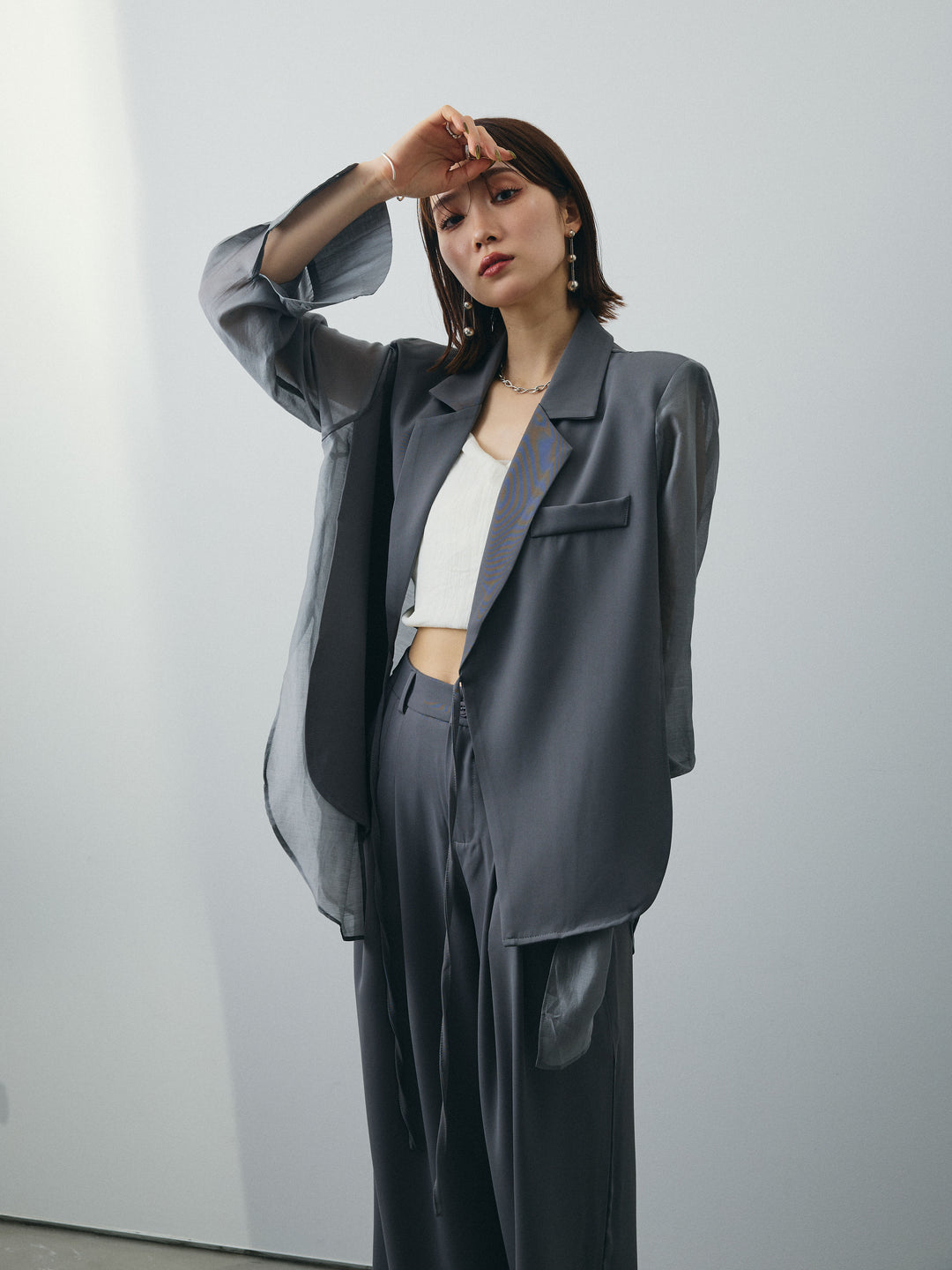 [SET]シアー切替テーラードジャケット+リネンライクカシュクールデザインビスチェ+2タックワイドパンツ(3set)