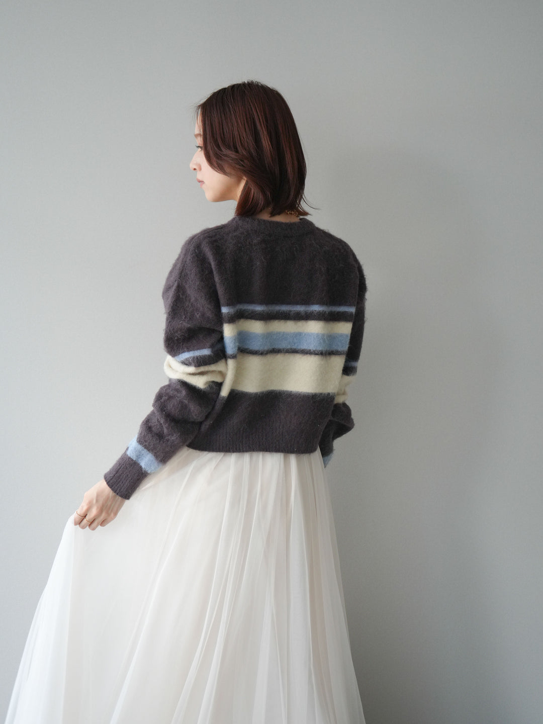 [SET]ソフトタッチボーダークロップドニットプルオーバー+チュールボリュームスカート(2set)