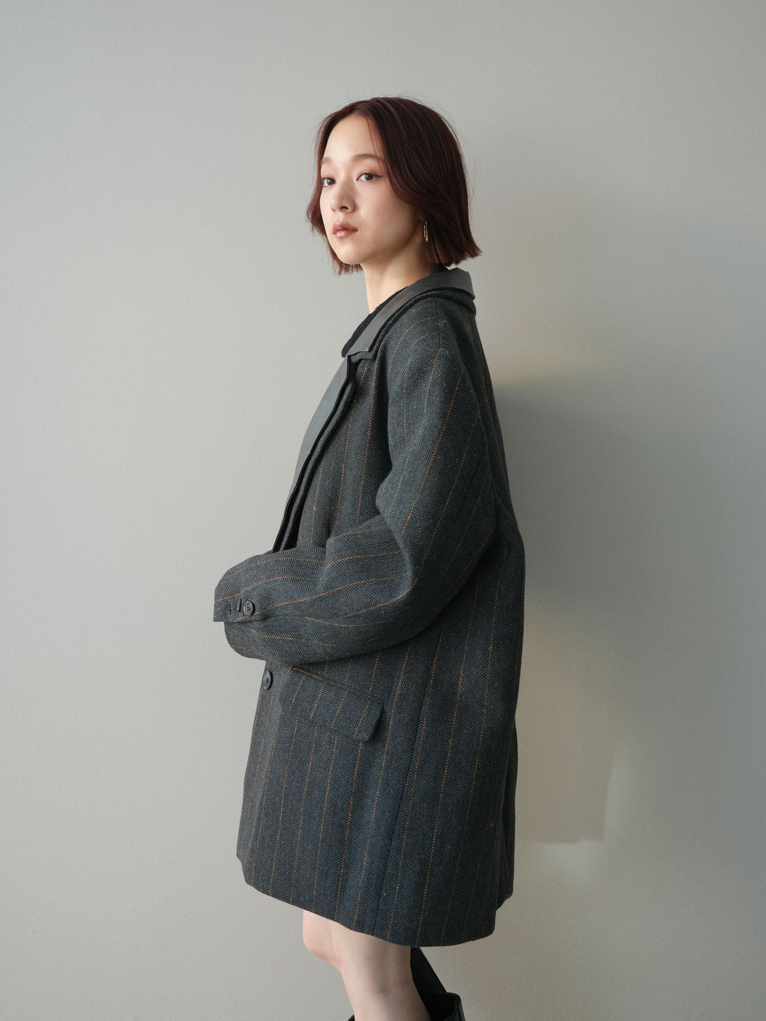 [SET]襟付きブークレミニワンピース+レイヤードデザインツイードテーラードジャケット(2set)