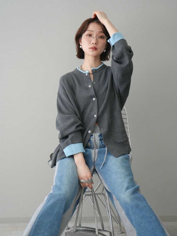 [SET]バイカラーオーバーニットカーディガン+デニム切替スウェットパンツ(2set)